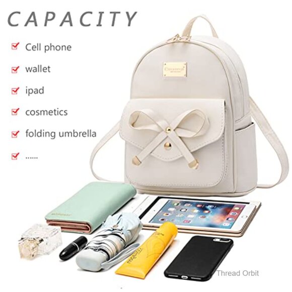 Mini PU Leather Backpack with Bowknot, Adjustable Straps, 7 Pockets main image 6